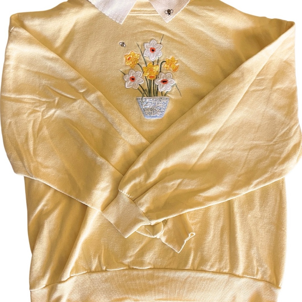 Warm Yellow Crew Neck Sweater with Floral Embroidery - Picture 2 of 3